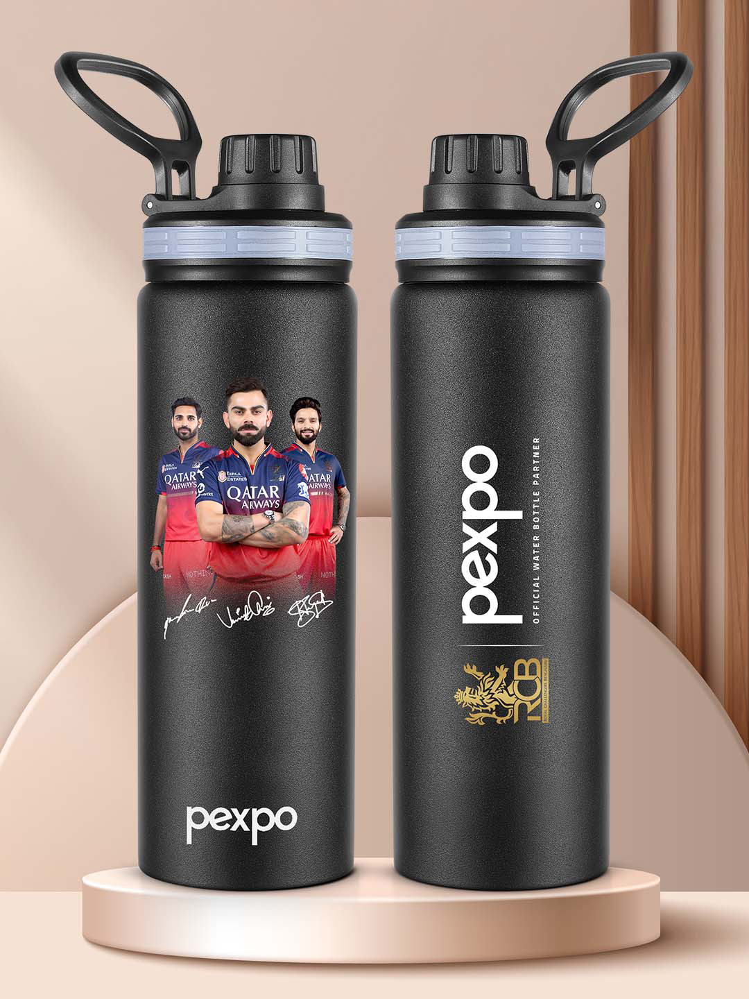 Pexpo Black Brand Logo Stainless Steel Spill Proof Water Bottle - 800ml