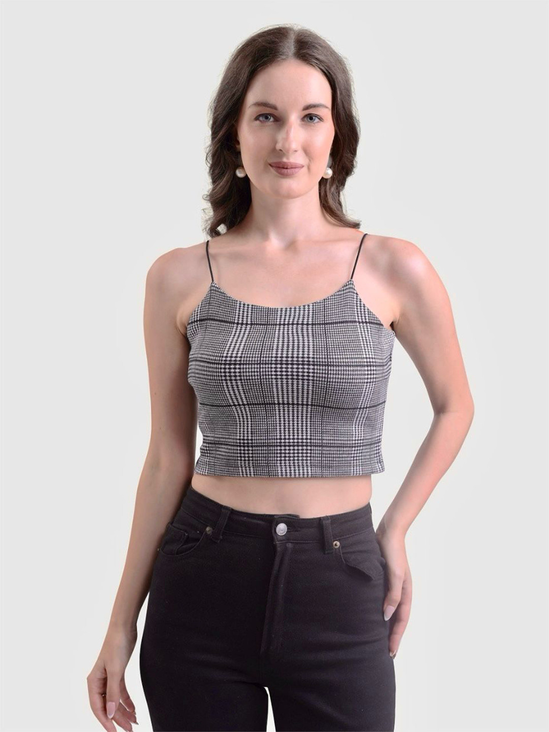 Halff Grey Women Checked Spaghetti Stretchable Top