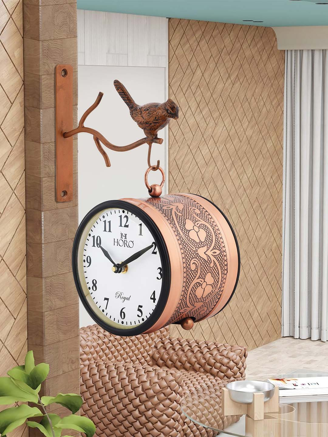 Horo Copper Metal Double Sided Round Battery Analogue Wall Clock-10.2cm