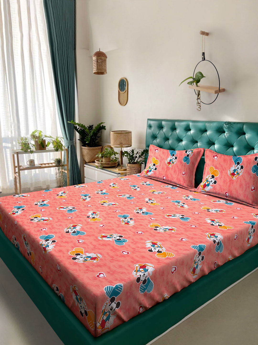 KLOTTHE Tobacco Orange Cartoon Characters Pure Cotton 400 TC Double Superfine Bedsheet with 2 Pillow Covers-98 x 89 inches