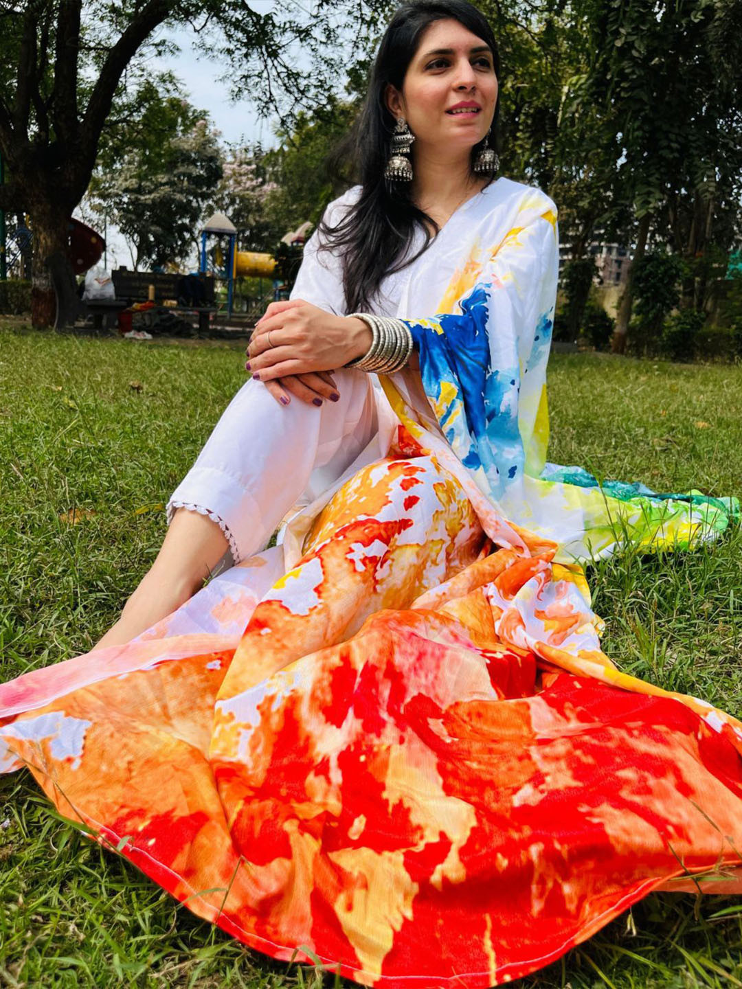 KALINI Women Lace Work A Line Kurta Pant With Digital Print Dupatta Set