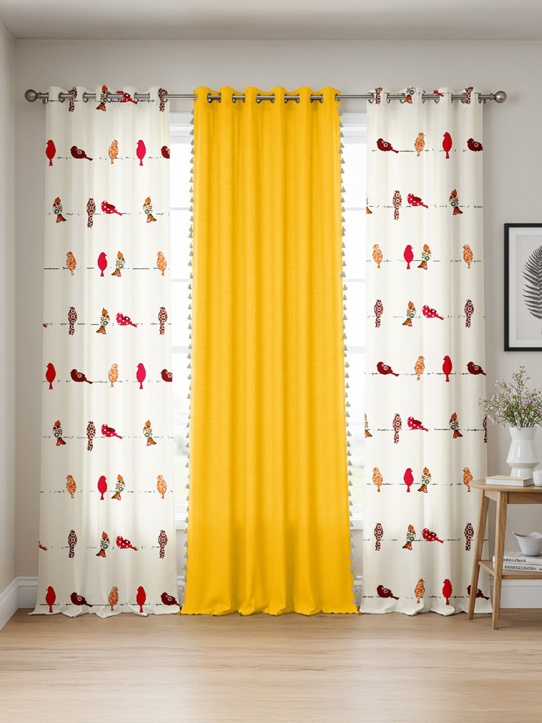 URBAN SPACE Yellow & White Set of 3 Geometric Window Curtain