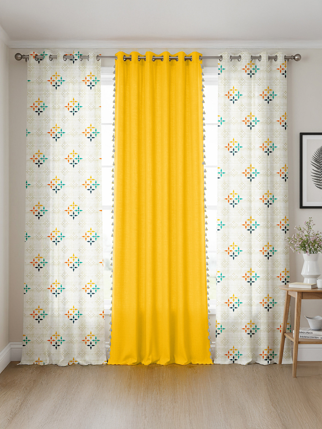 URBAN SPACE Set of 3 Ethnic Motifs Cotton Eyelet Door Curtains