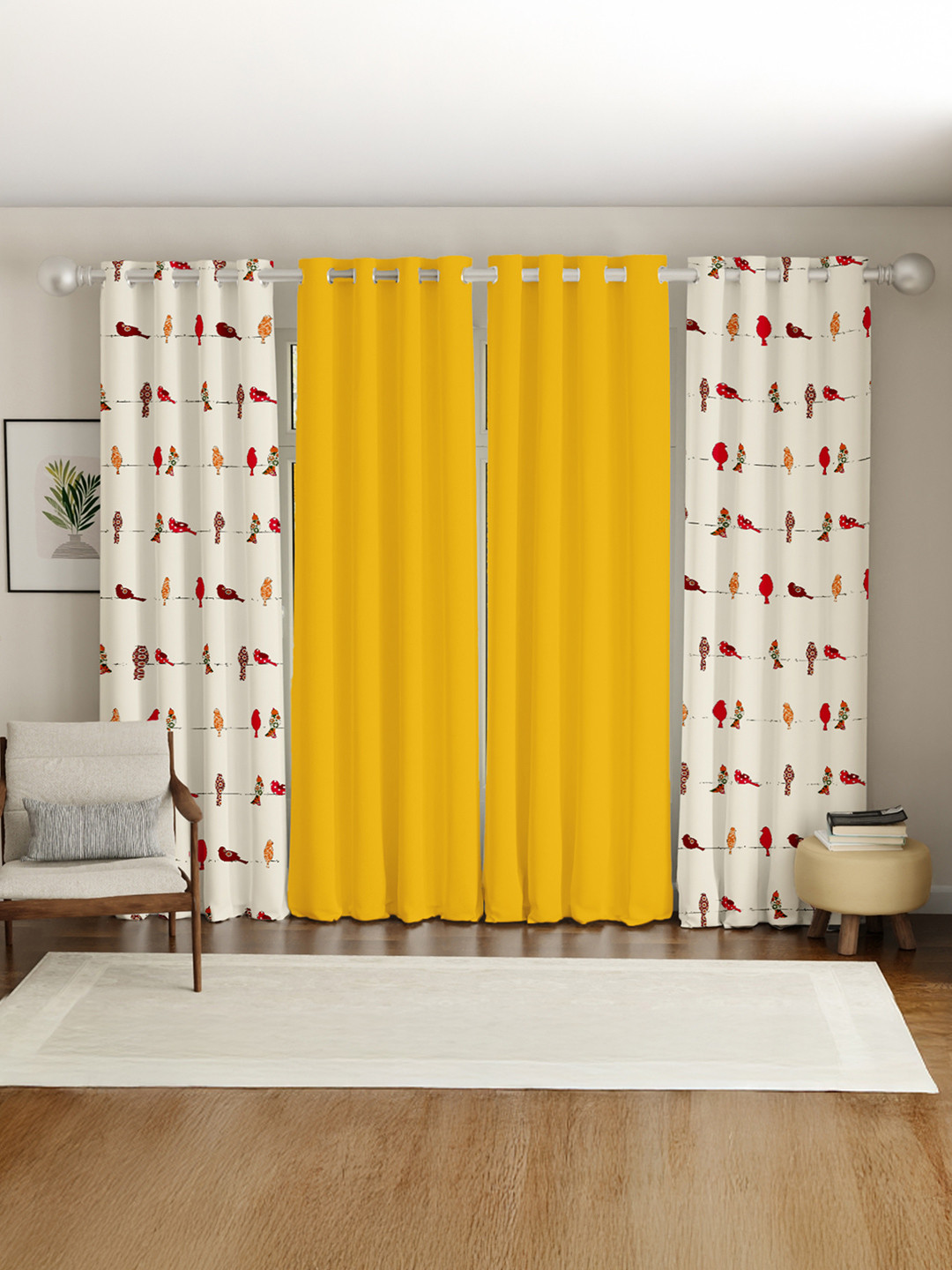 URBAN SPACE Yellow & White Set of 4 Geometric Window Curtain