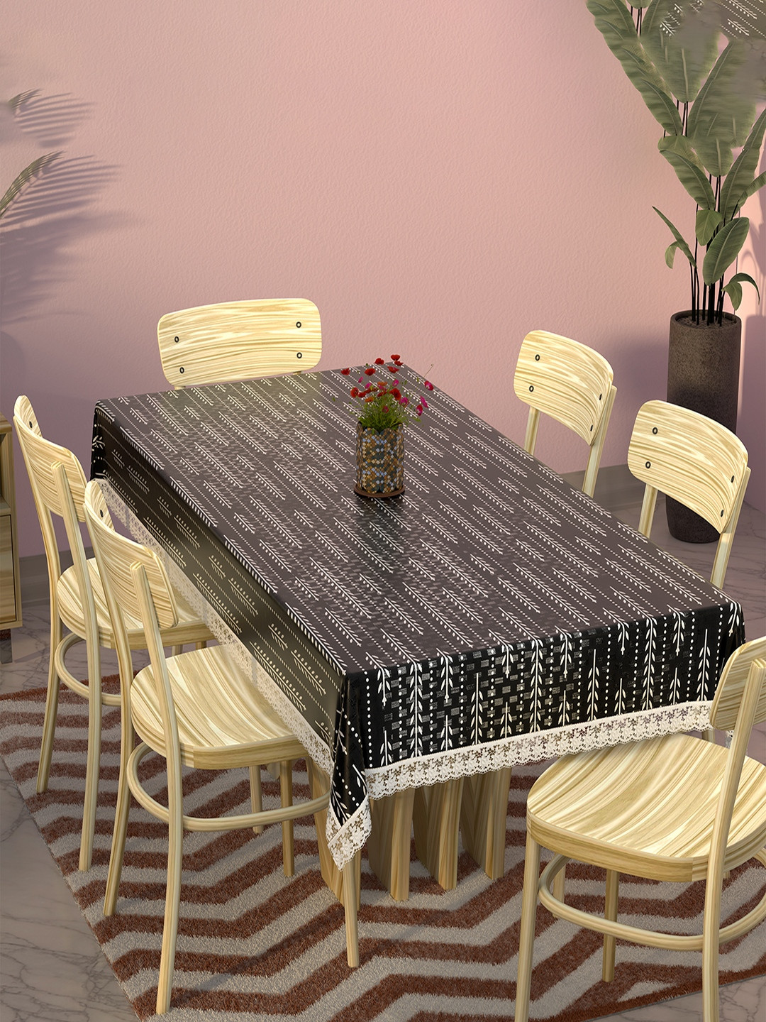 Aura Lining Leaf White & Blue Floral Printed Durable 6 Seater Dining Table Cover