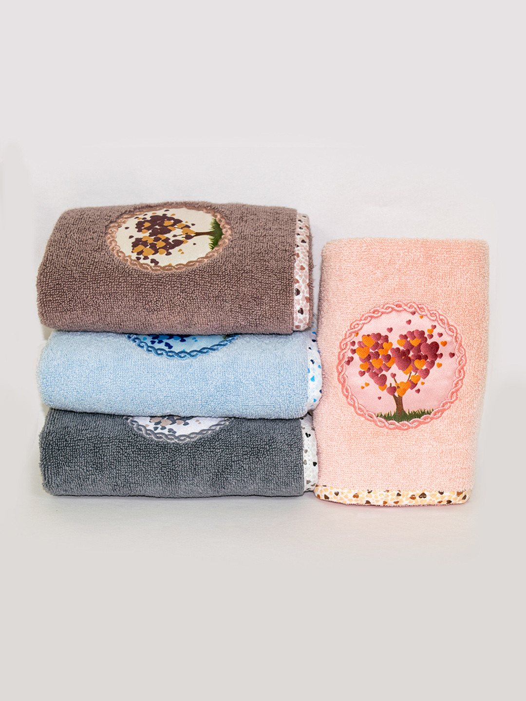 Myntra Elegant Homes 4 Pieces Brown & Blue Love Tree Printed Cotton 500 GSM Hand Towels