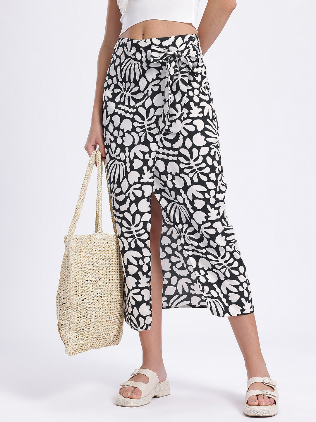 glitchez Conversational Print Mid-Rise Bow-Detail Midi Wrap Skirt with Front Slit