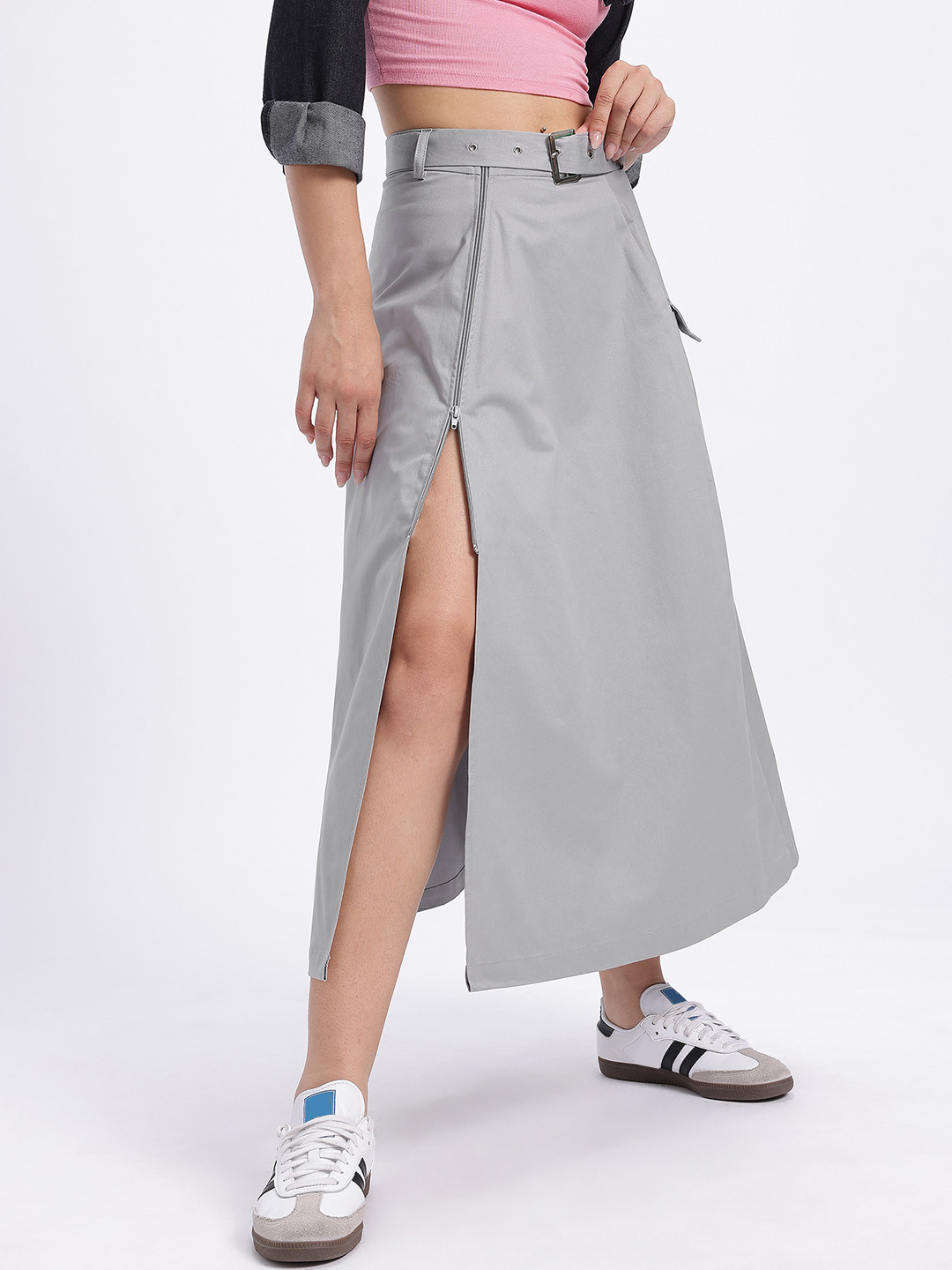 Grey High-Slit Maxi Skirt with Belt