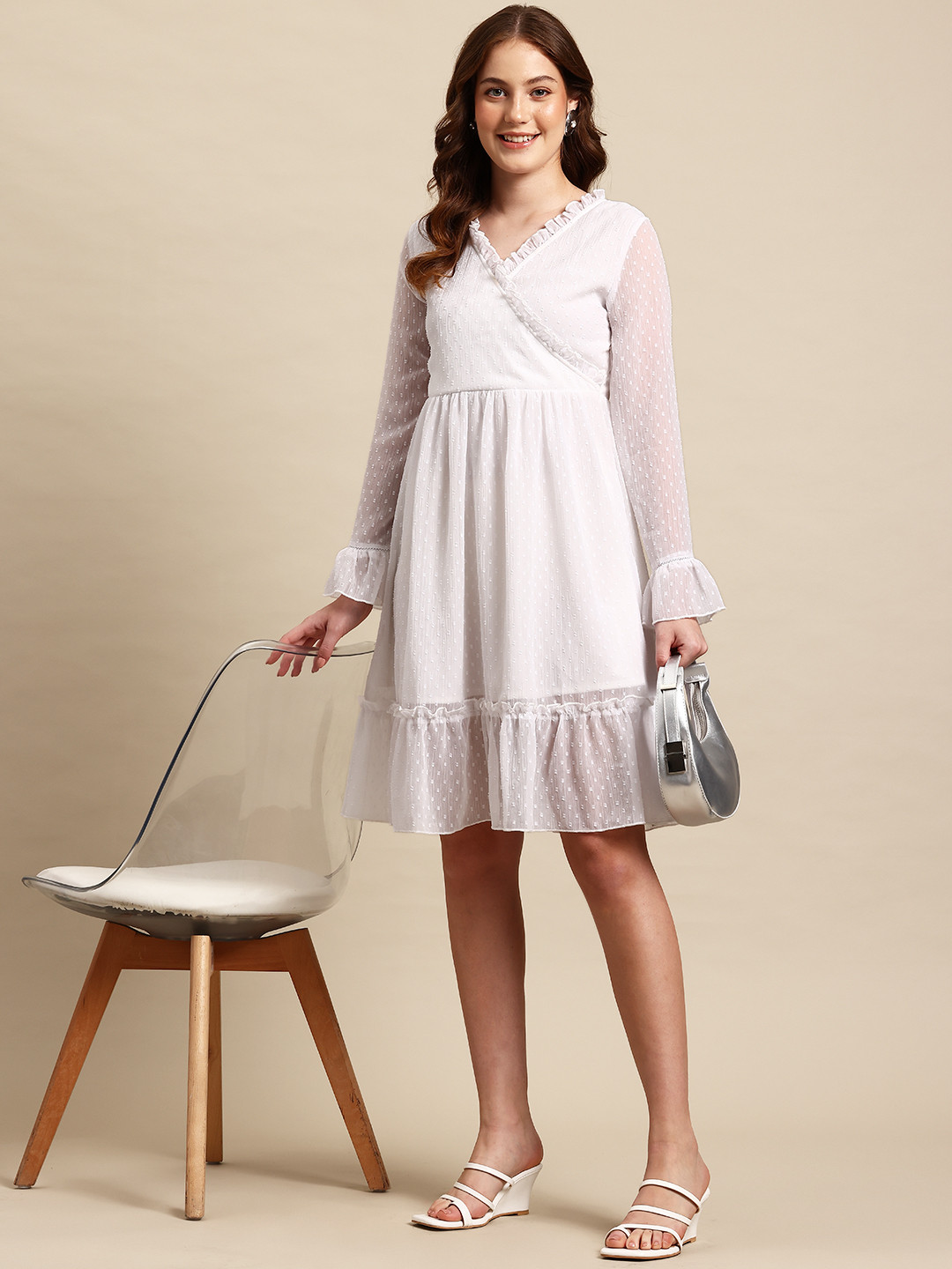 La Zoire Bell Sleeves Dobby Chiffon Wrap Dress
