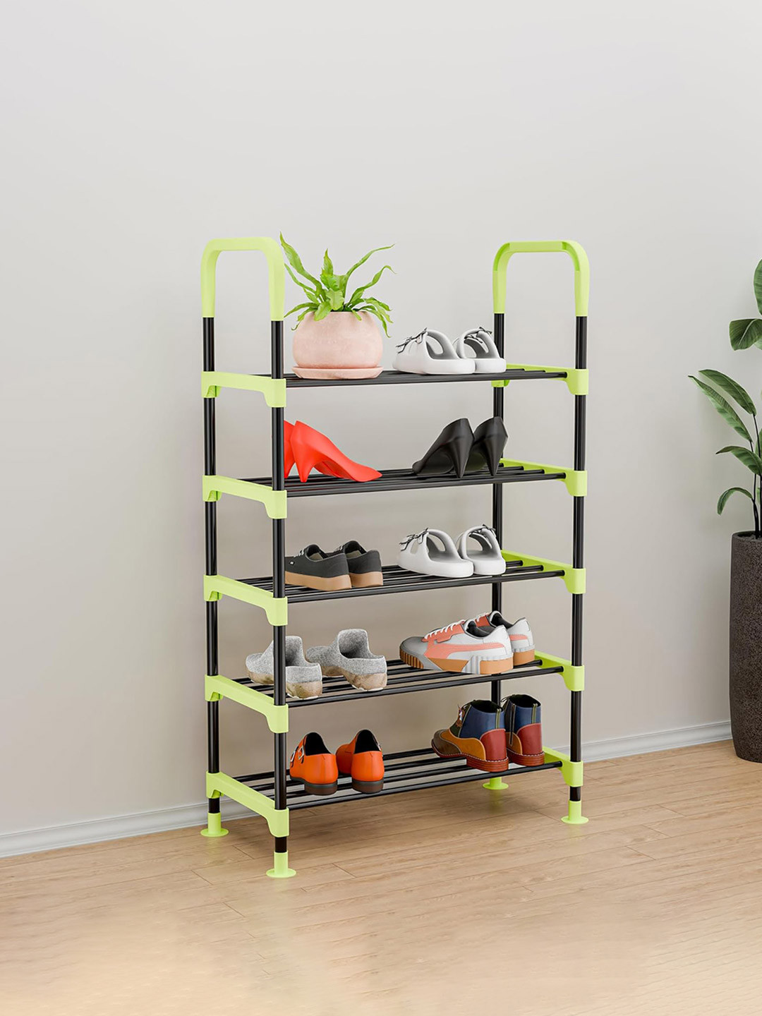 Kuber Industries Black & Green 5 Layer Multipurpose Stackable Shoe Storage Rack