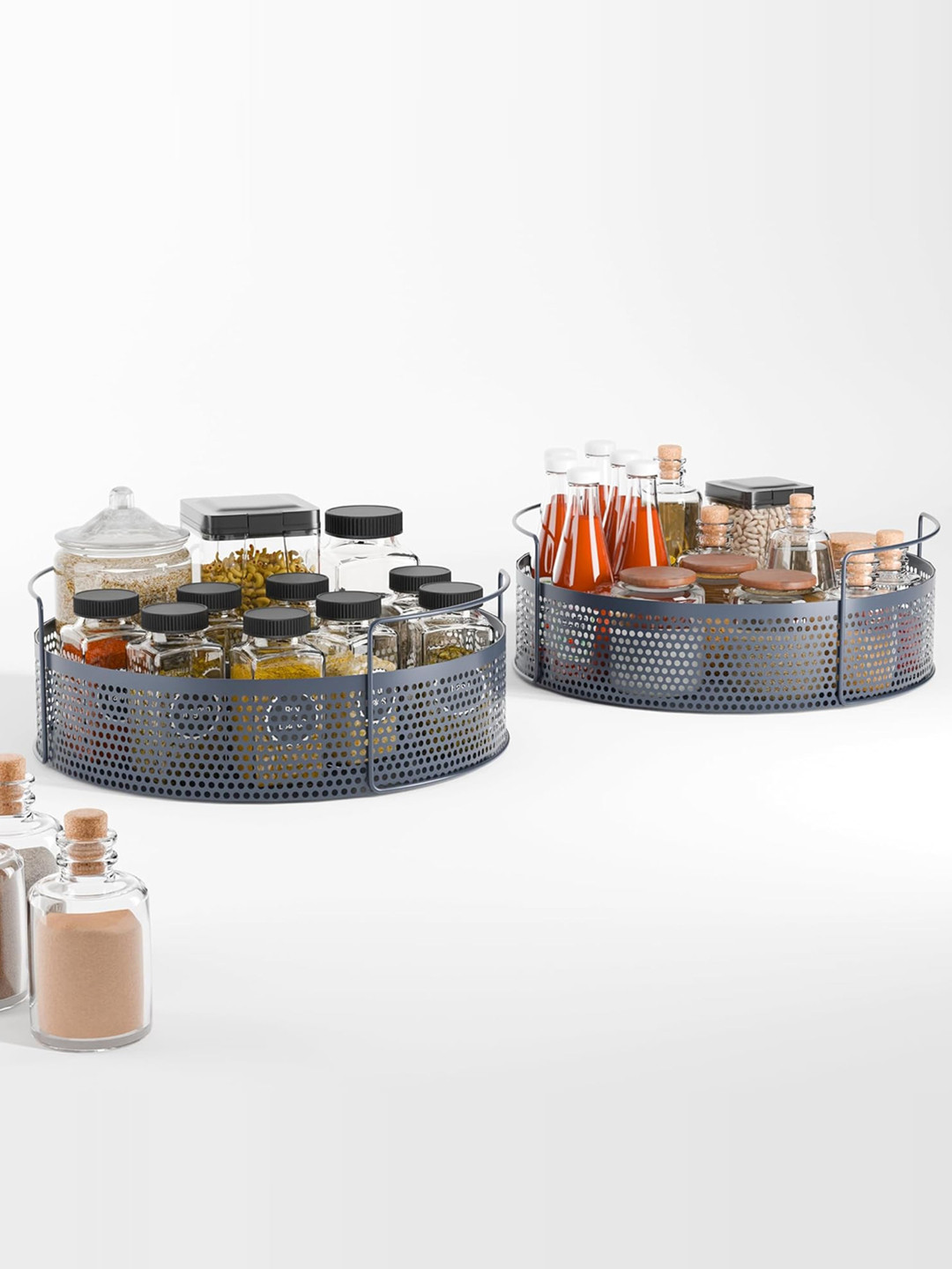 Kuber Industries Grey 2 Pieces Metal Round Kitchen Organizer Basket