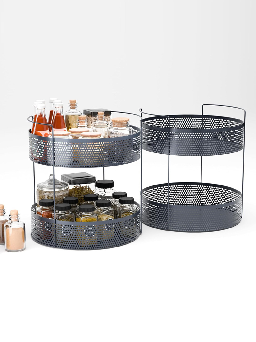 Kuber Industries Grey 2 Pieces Round Shaped 2-Layer Fruits and Vegetable Basket