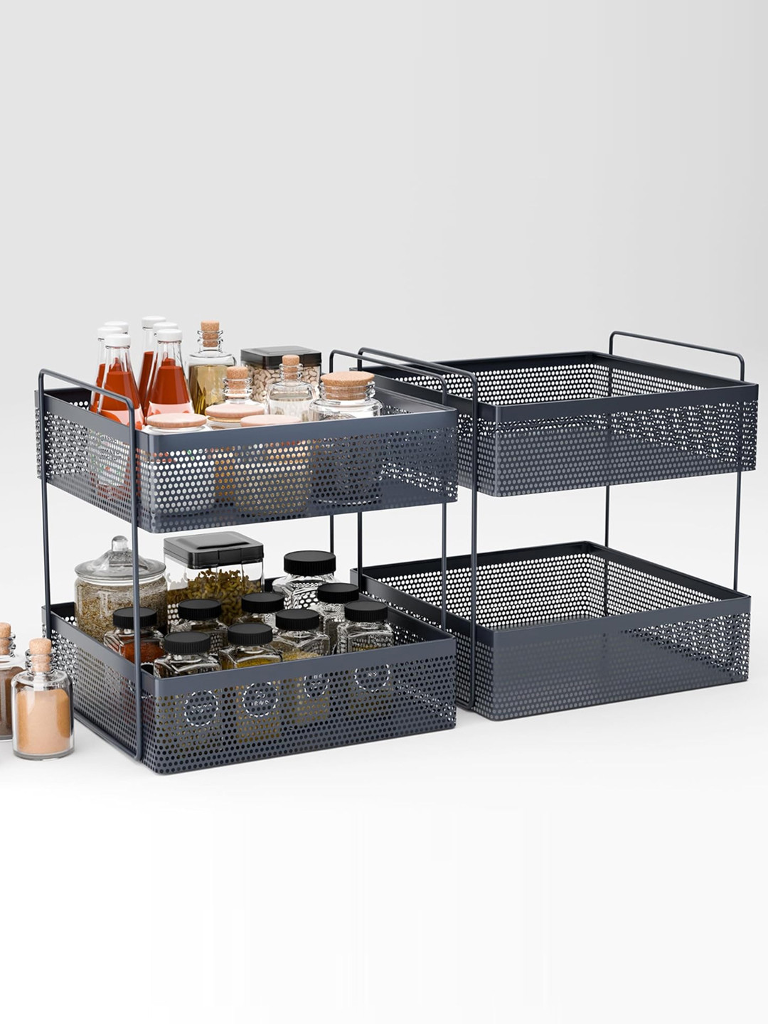 Kuber Industries Grey 2 Pcs Square 2-Tier Kitchen Rack Stand Organiser Storage basket