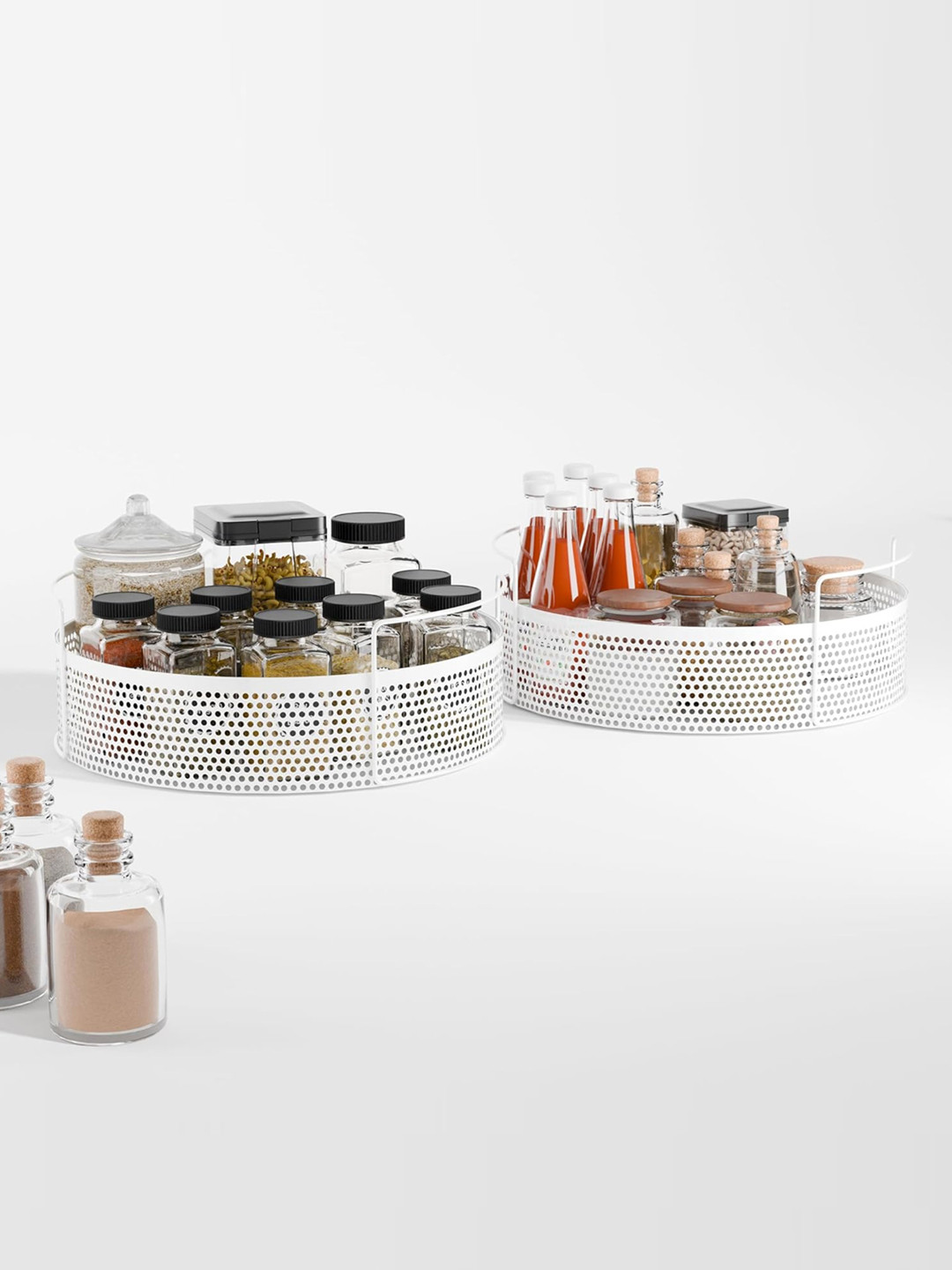 Kuber Industries White Metal Round Kitchen Rack Multipurpose Storage Basket Stand Set Of 2