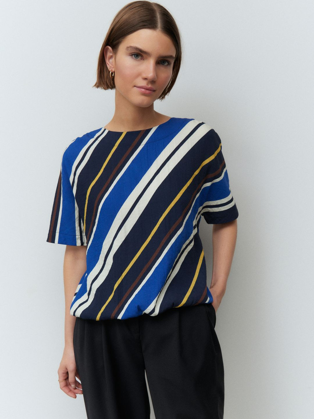 NEXT Diagonally Striped Round Neck Bubble Hem Top
