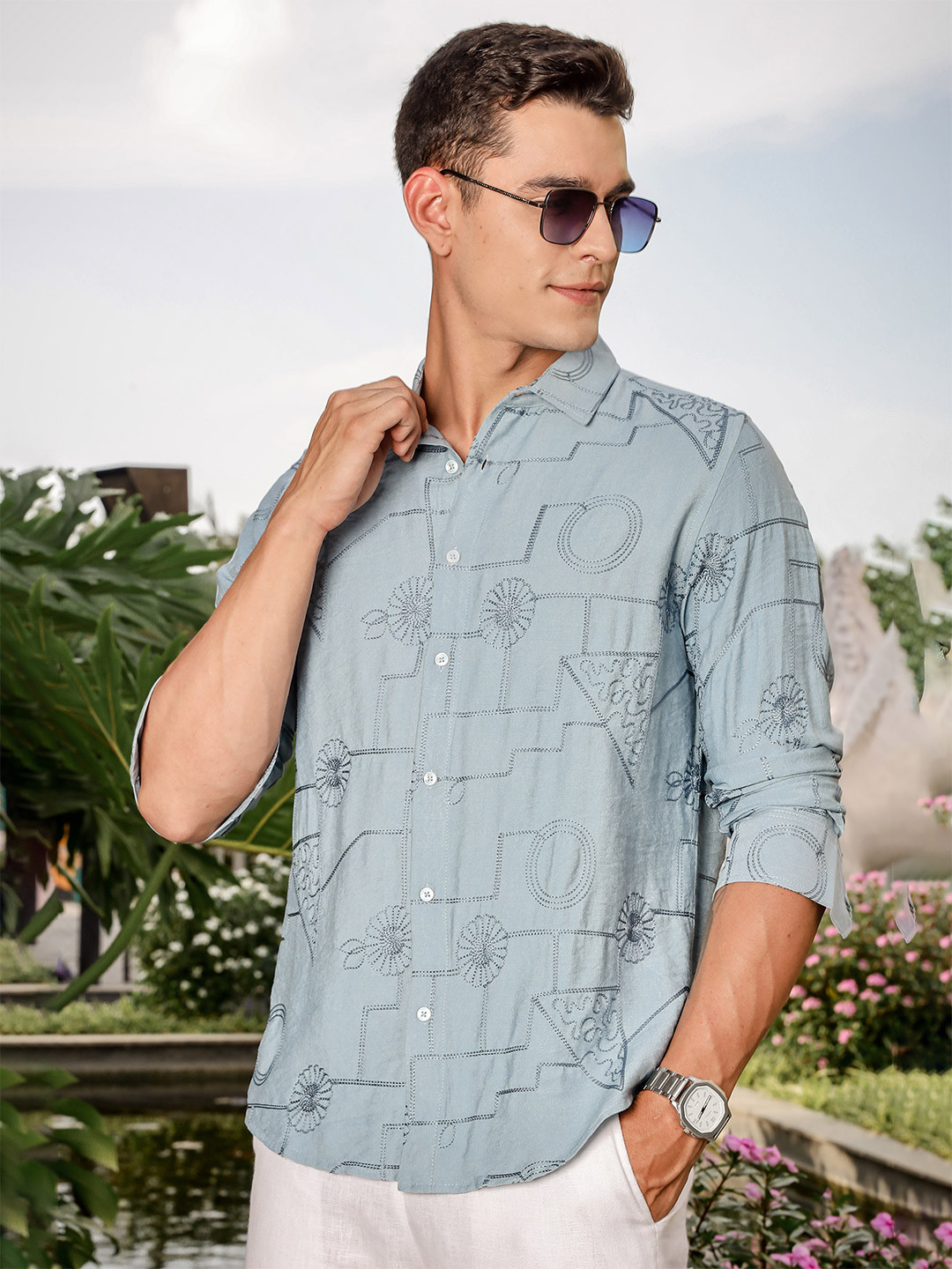 Thomas Scott Men Long Sleeves Embroidered Slim Fit Shirt