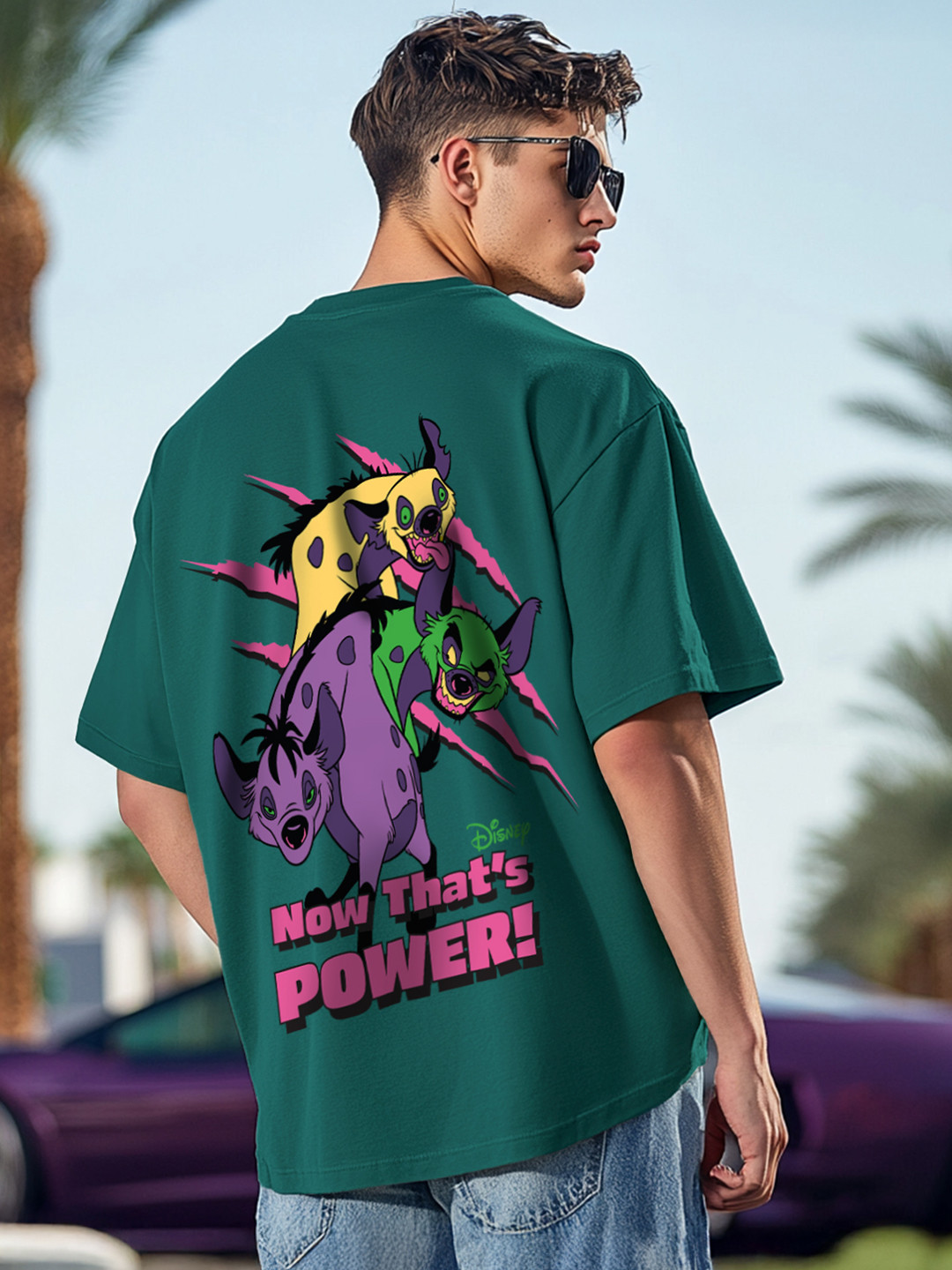 VEIRDO Men Disney Lion King Green Printed Round Neck Relaxed Fit Cotton Oversized T-Shirt