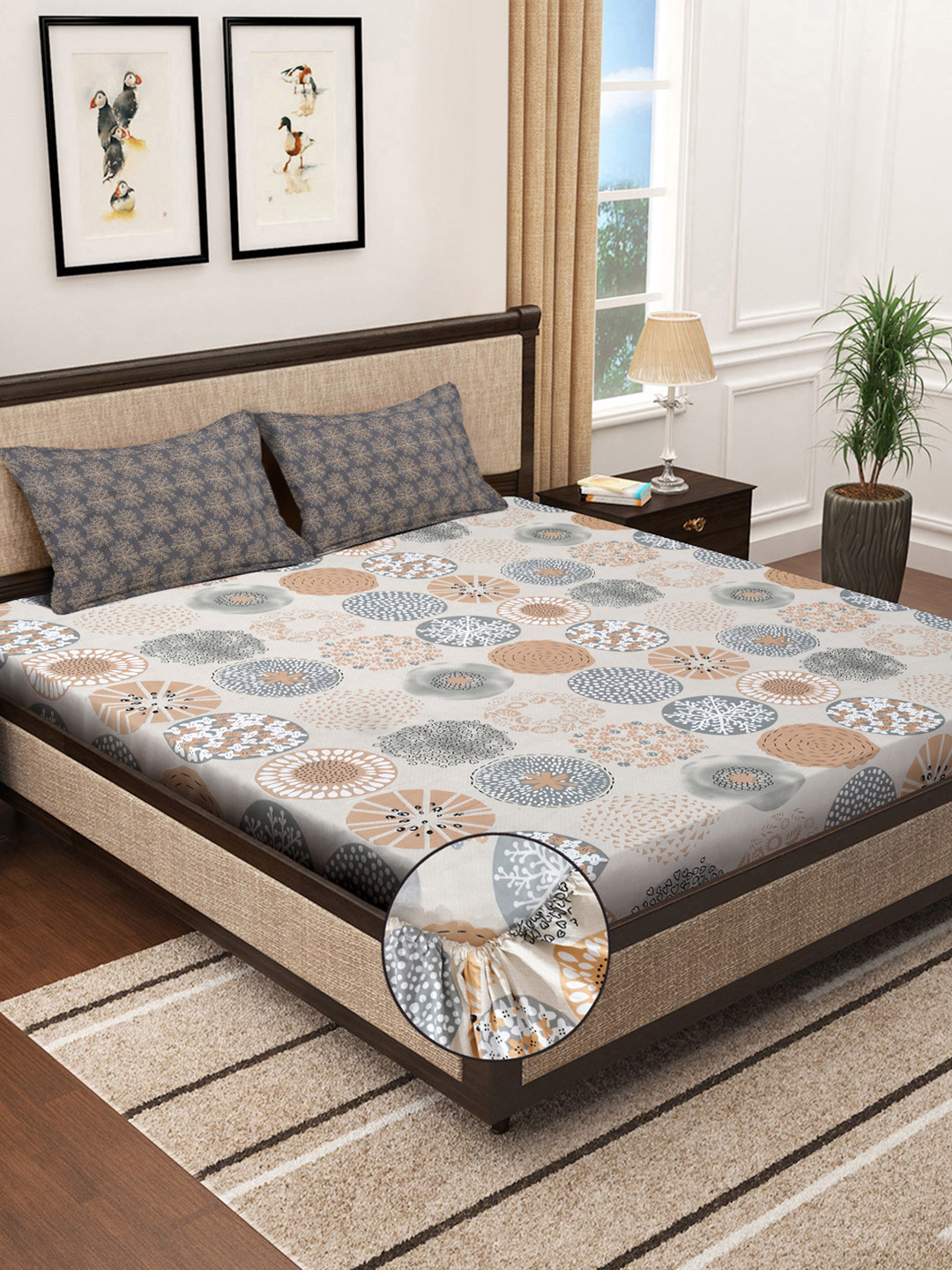 Myntra Elegant Homes White & Beige Printed 300 TC Fitted King Bedsheet Set- 270cm x 270cm