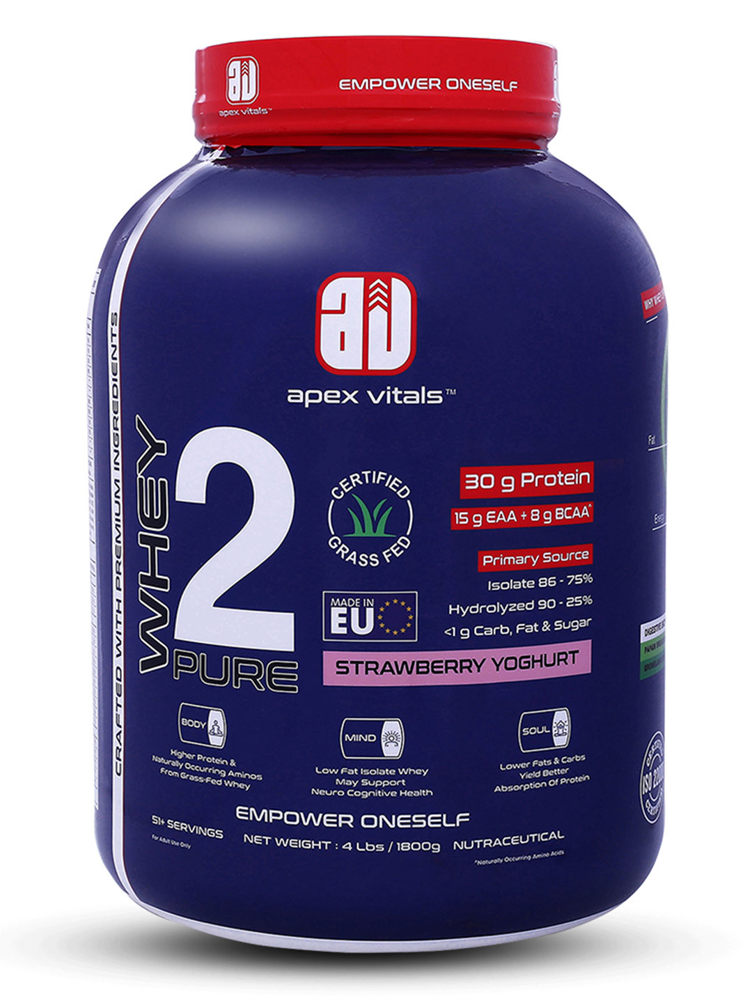 Apex Vitals Whey 2 Pure Whey Protein - Strawberry Yogurt  - 4 lbs - 1.8 Kg