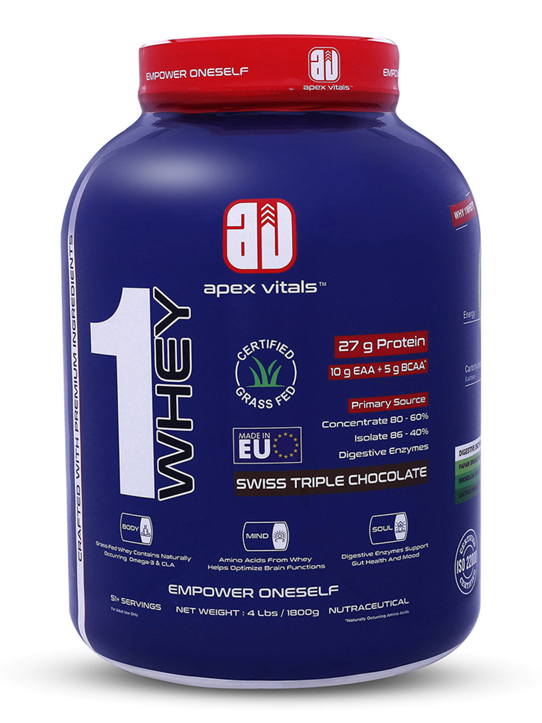 Apex Vitals Swiss Triple Chocolate 1 Whey - Grass-Fed Whey 27g Protein - 1800 g