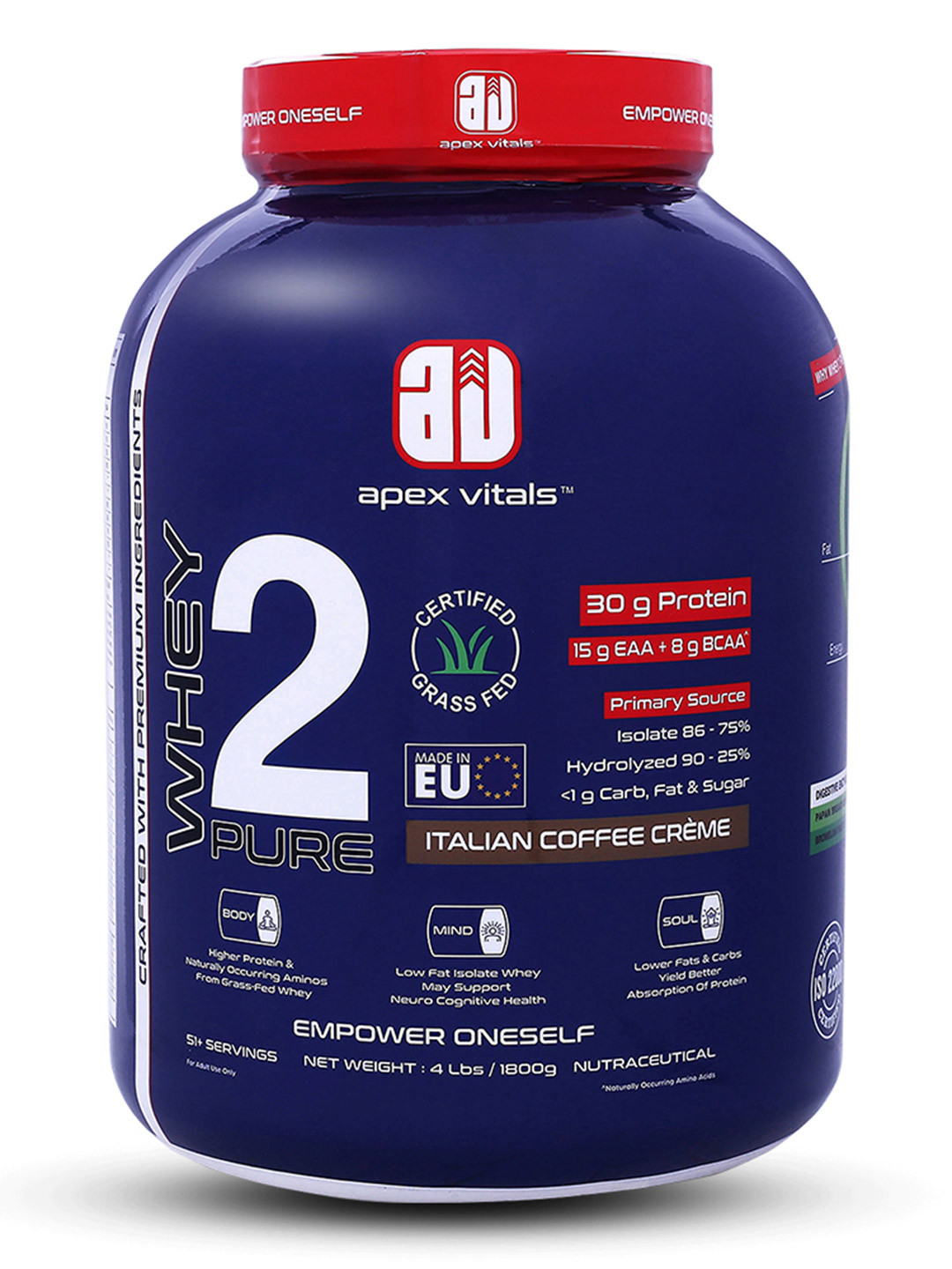 Apex Vitals Whey 2 Pure Isolate & Hydrolyzed Whey Protein 4lbs Italian Coffee Cream- 1.8kg