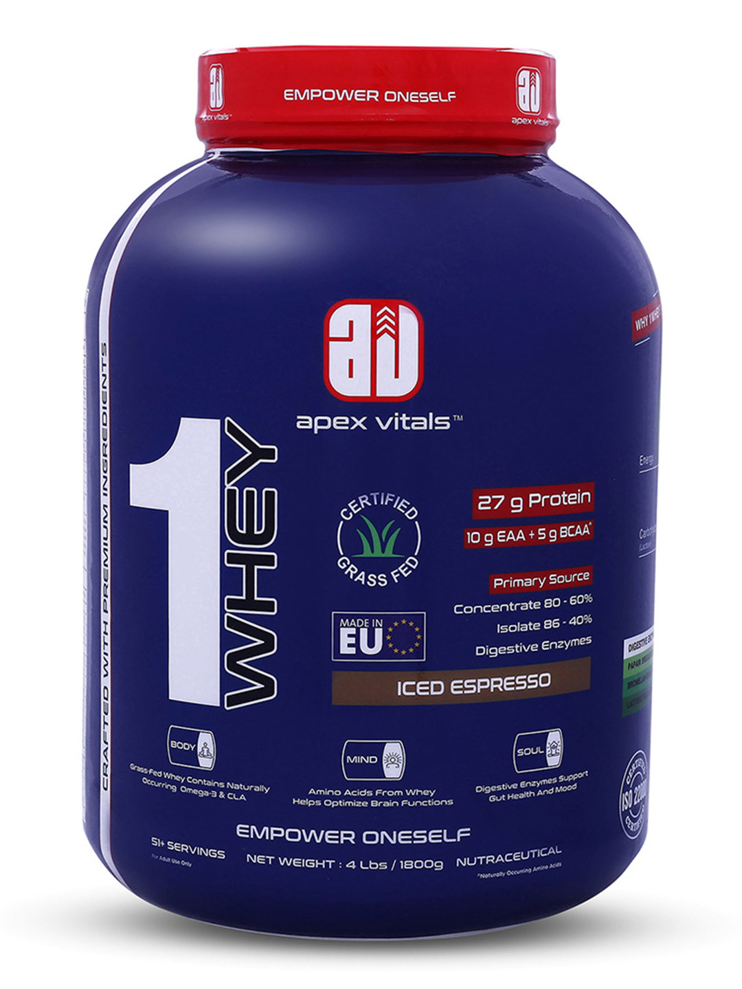 Apex Vitals 1 Grass-Fed Whey Protein, 10 g EAA & 5 g BCAA Iced Espresso - 4 lbs - 1.8 Kg