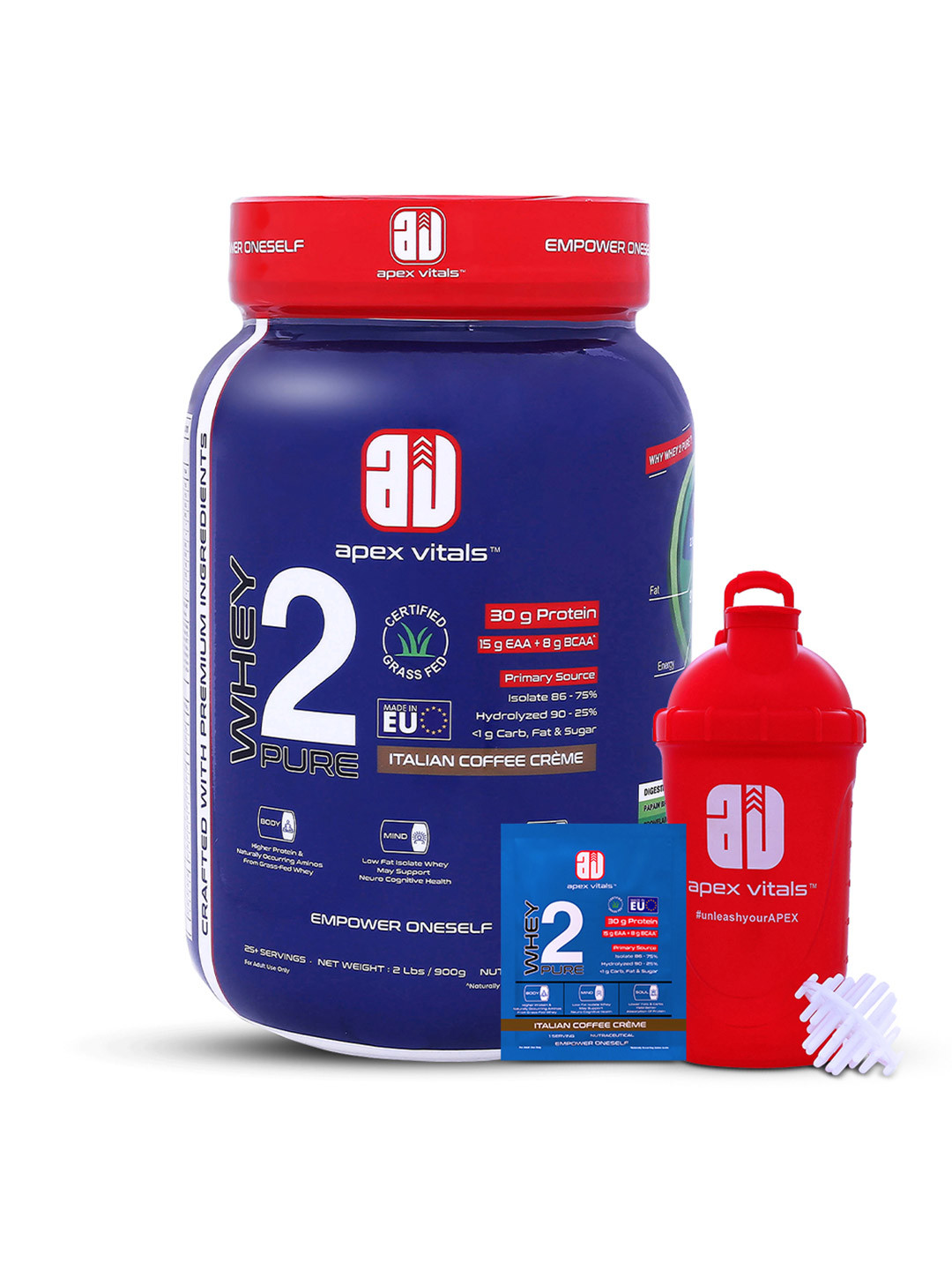 Apex Vitals Whey 2 Pure Protein- 900 g- Italian Coffee Cream With Free Sample & Shaker