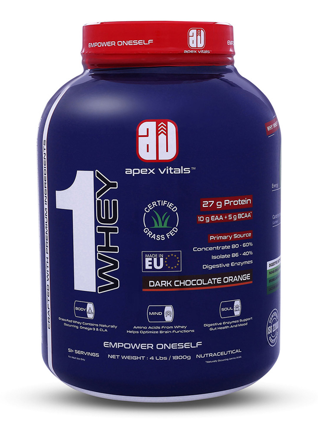 Apex Vitals 1 Whey Concentrate & Isolate Whey Protein Blend Dark Chocolate Orange 1.8 Kg