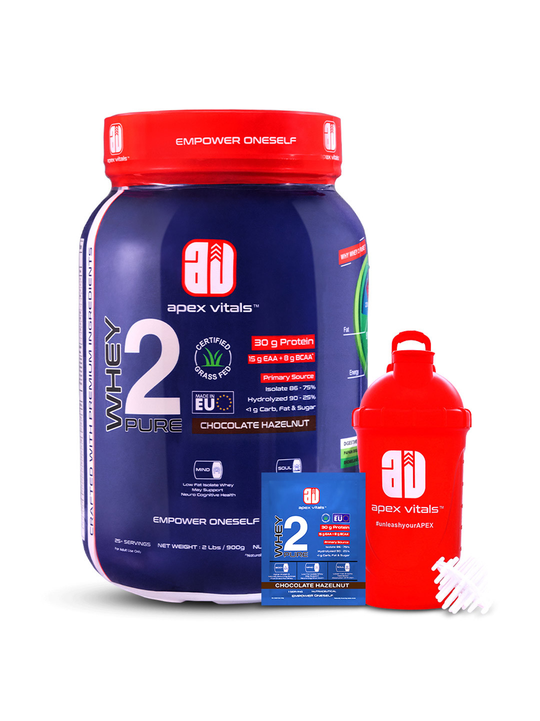 Apex Vitals Chocolate Hazelnut EAA+8g Whey 2 Pure Protein BCAA Shakers + Samples - 900 g