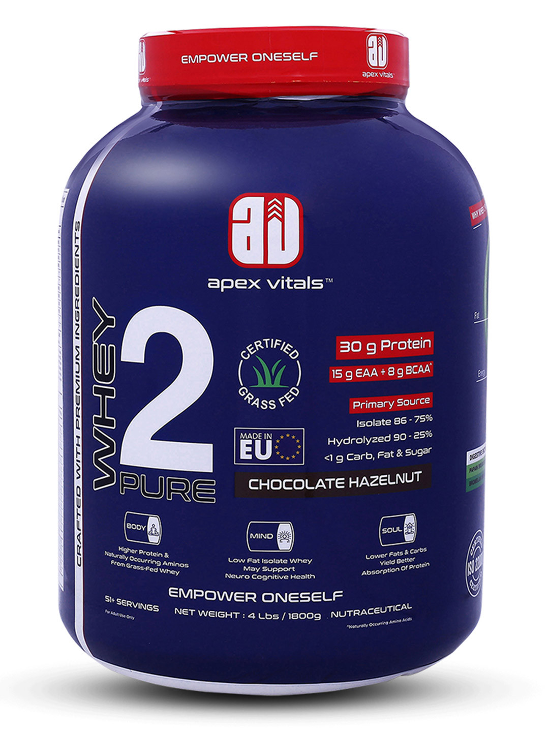 Apex Vitals Whey 2 Pure Concentrate & Isolate Whey Protein Chocolate Hazelnut 4 lbs 1.8kg