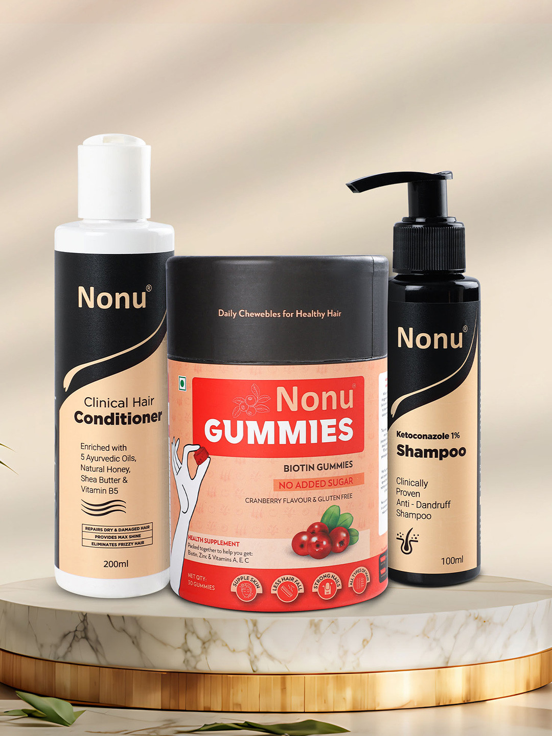 NONU Set Of 3 Gummies 30 Gummies, Shampoo-100 ml & Conditioner Anti Dandruff Kit-200 ml