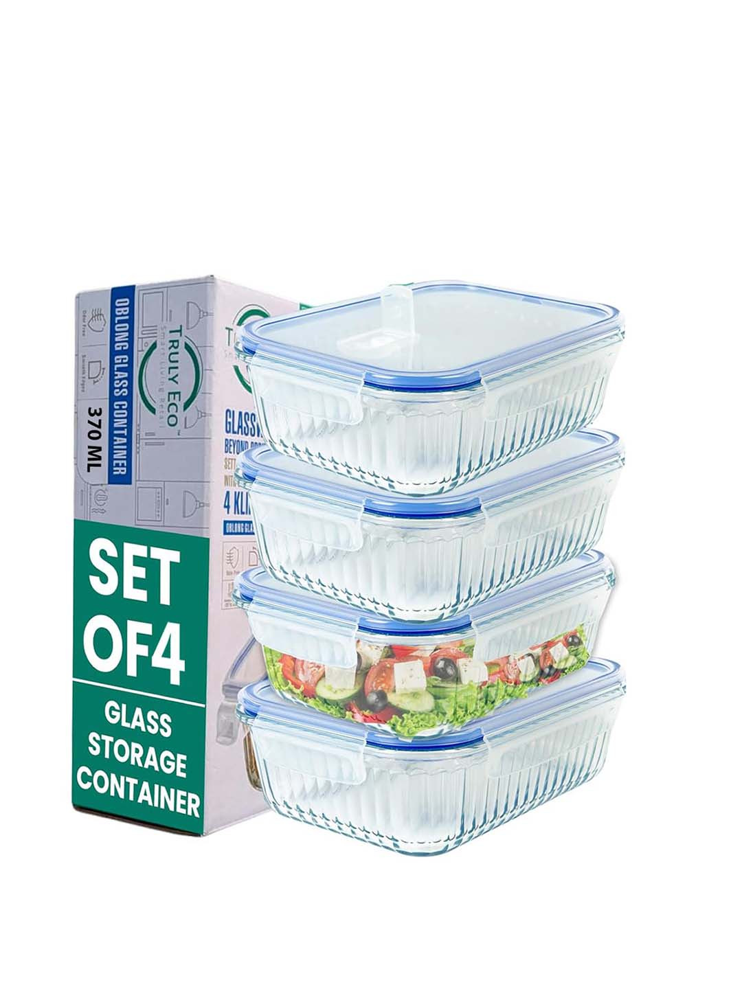 Truly Eco Smart Living Retail Transparent Glass Dishwasher Safe 4 Piece Clip-On Fridge Container-370ml