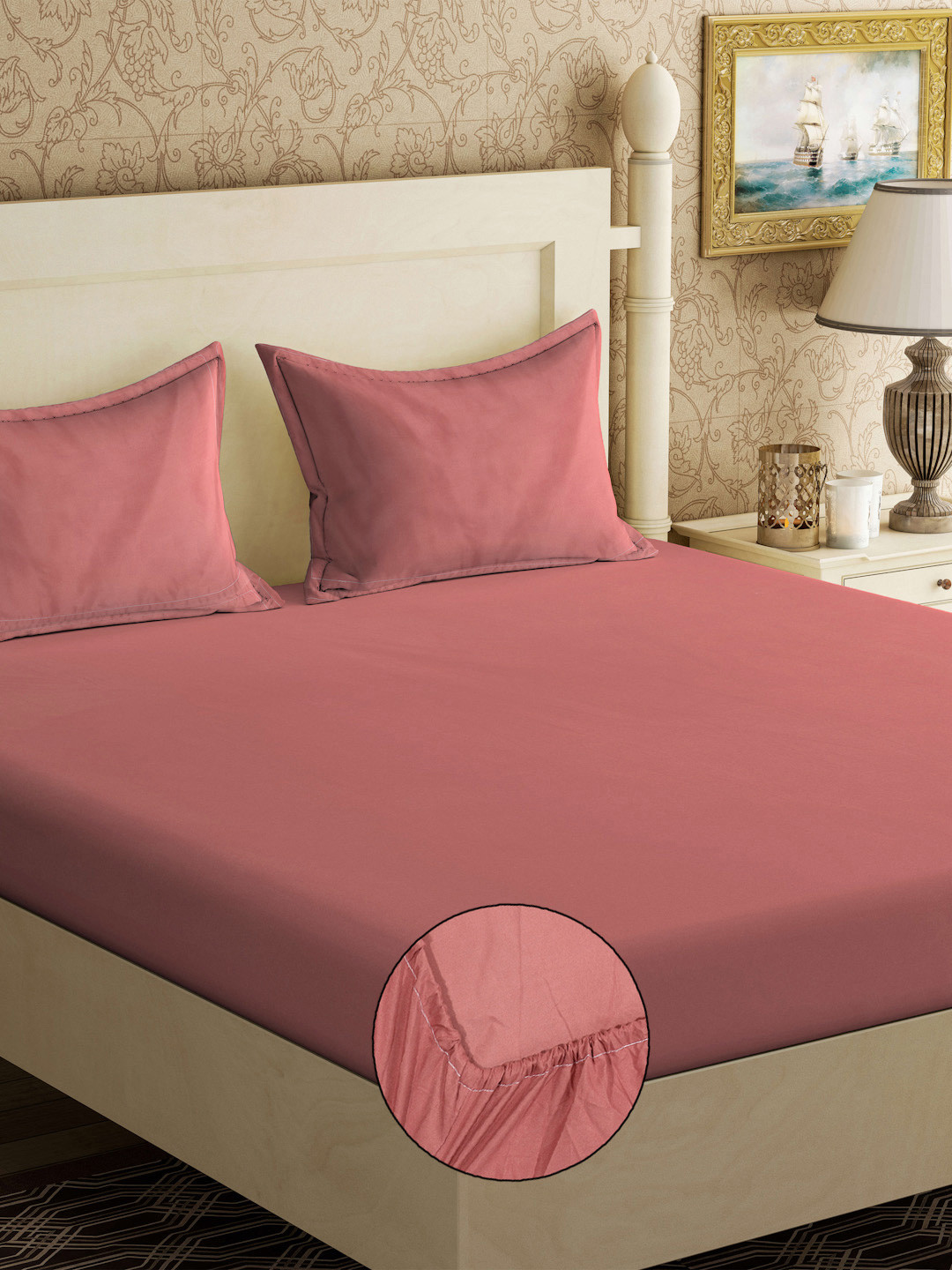 Myntra Elegant Homes Rust Solid Cotton 300 TC Fitted King Fine Bedsheet with 2 Pillow Covers-250 x 225 cm