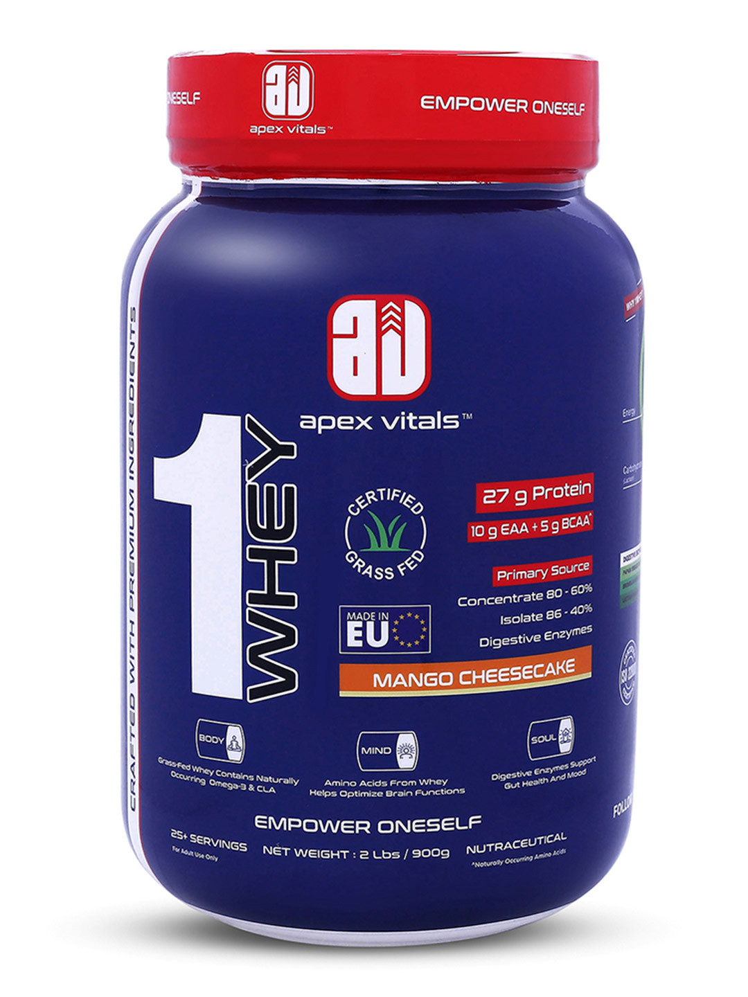 Apex Vitals Ser- Mango Cheesecake 27g Protein, 10g EAA+ 5g BCAA 1 Whey Protein - 900 g