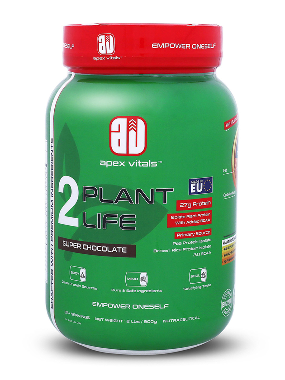Apex Vitals 2 Plant Life Pea & Rice Plant Protein Isolate Super Chocolate - 2 lbs - 900 g