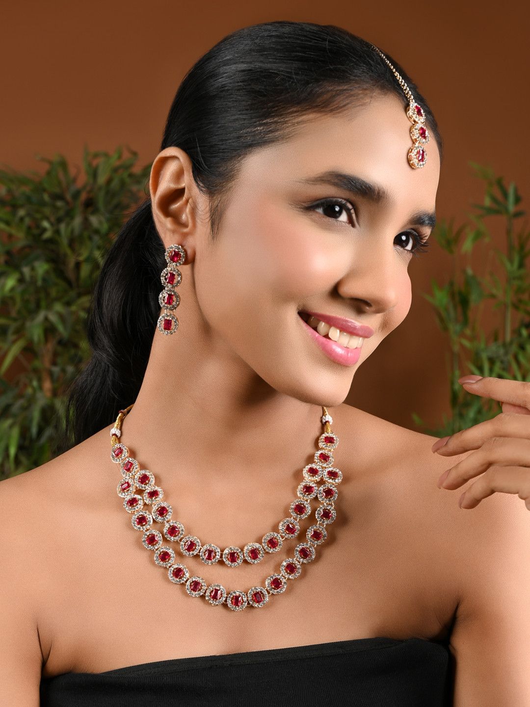 I Jewels Gold Plated Crystal & Diamond Studded Two Layer Jewellery Set