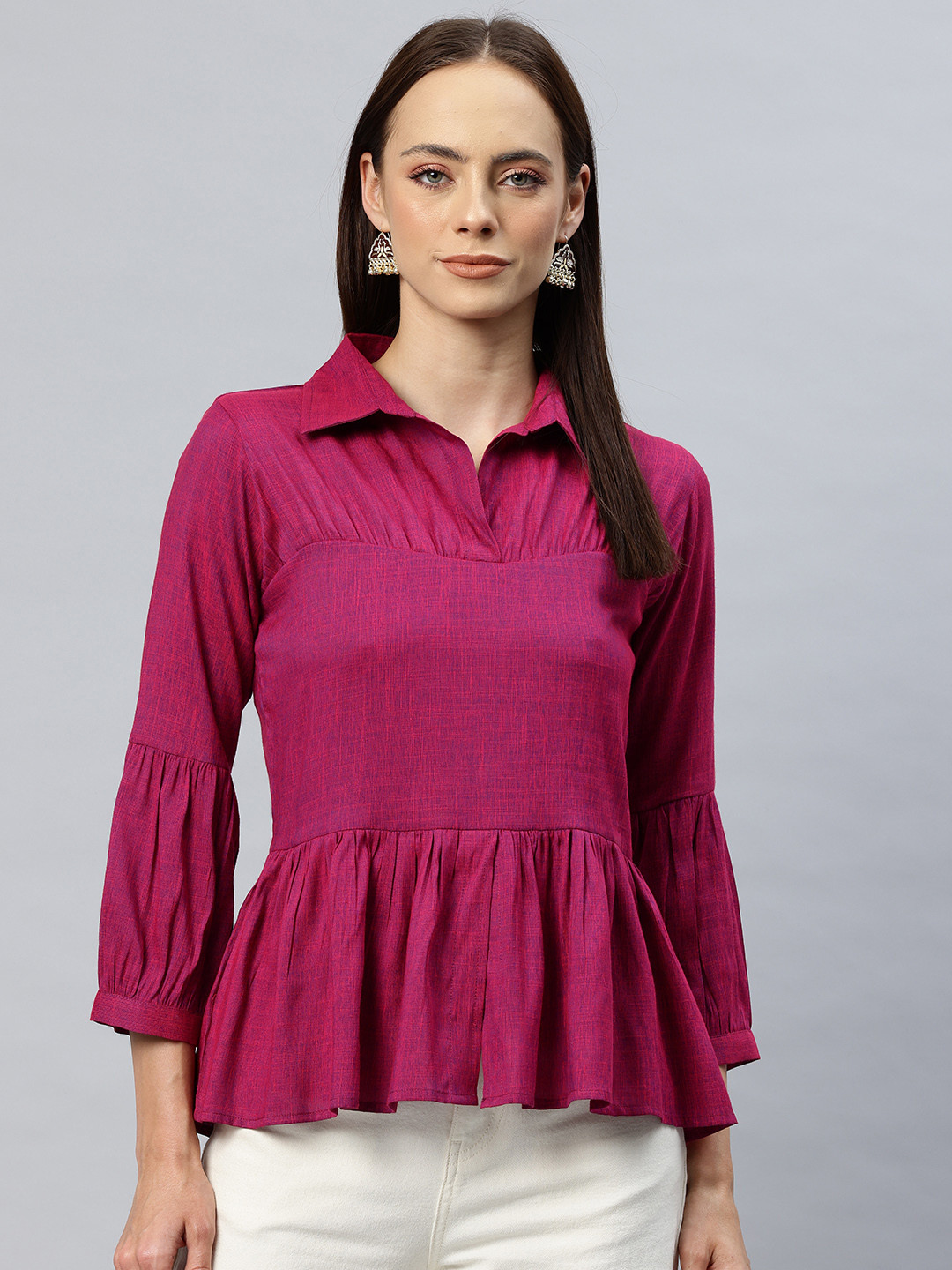 Cottinfab Solid Collared Peplum Top