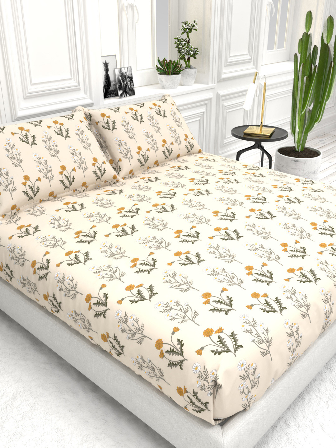 THE WHITE MOSS Cider Cream Floral Polyester 210 TC Queen Fine Bedsheet with 2 Pillow Covers-59 x 87 inches