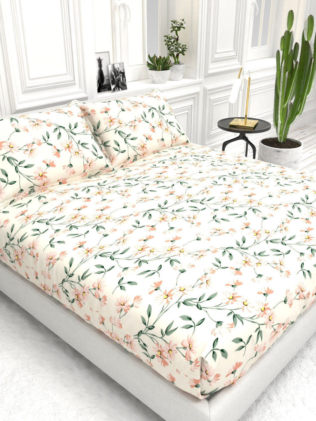 THE WHITE MOSS Beige & Green Printed 210 TC Queen Bedsheet Set -  2.25 m X 2.55 m