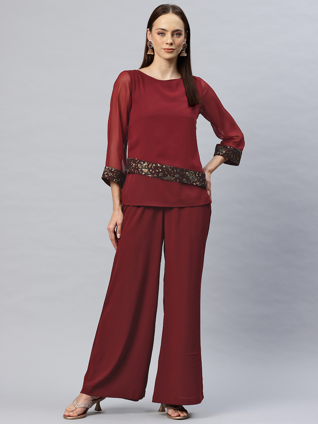 Cottinfab Embellished Top with Palazzos Co-Ord Set
