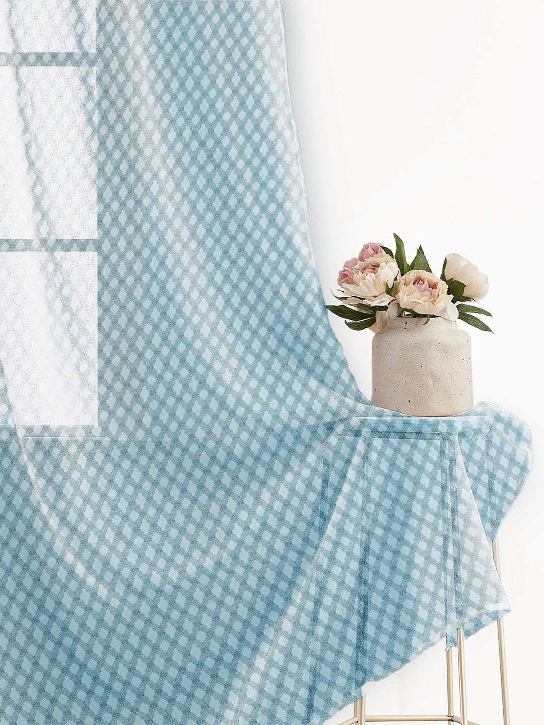 Story@home Serene Blue Self Design Sheer Long Door Curtain