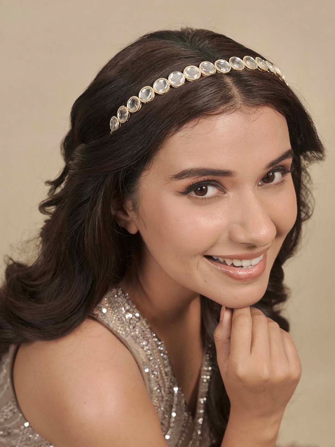 HAIR DRAMA CO. Women Gold Plated Crystal Beaded Mathapatti Hairband