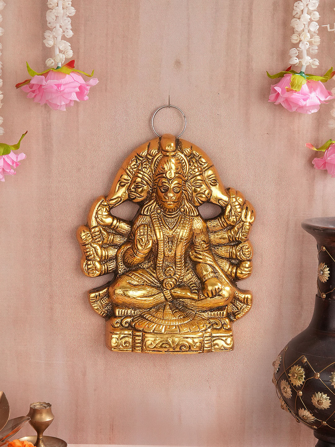 TIED RIBBONS Panchmukhi Lord Hanuman Gold Metal Metallic Prayer Room Small Showpiece - 5.3 Inches