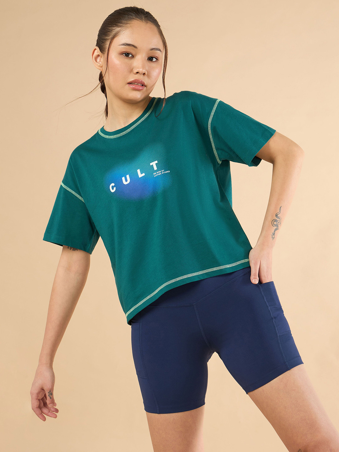 CULT Women Teal Cult Spirit Graphic Boxy crop T-shirt