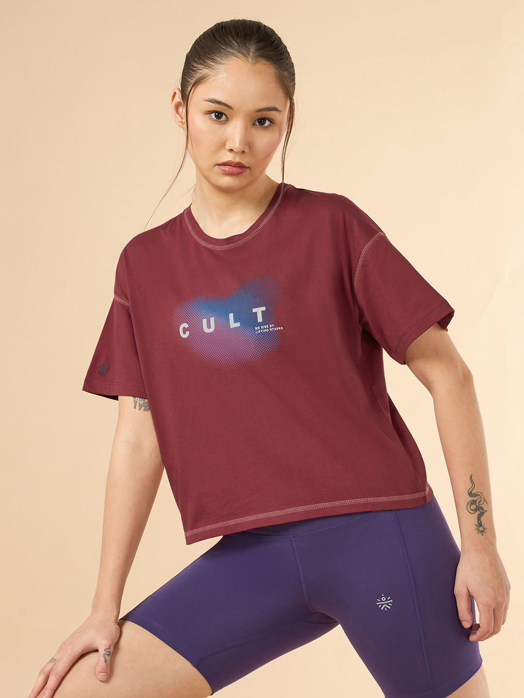 CULT Women Maroon Cult Spirit Graphic Boxy crop T-shirt