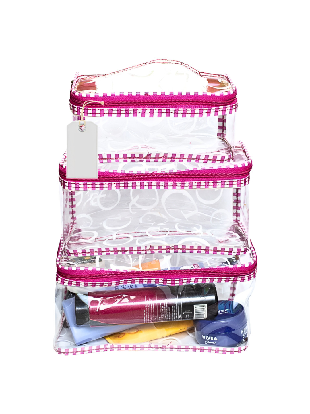 Ajabh Pink and Transparent 3 Pieces Printed Makeup Organisers