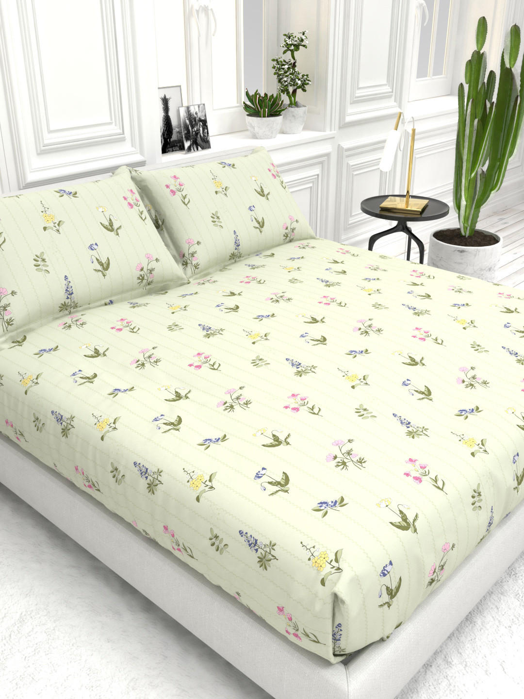 The White Moss Sage Green Blended Cotton Double Size Bedsheet With 2 Pillow Covers