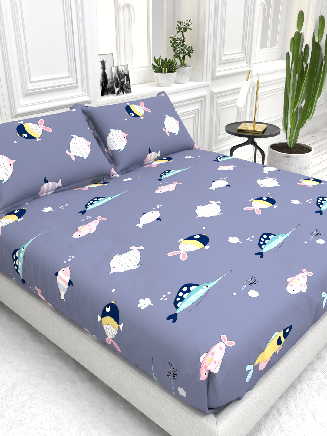 THE WHITE MOSS Cider Purple Graphic Cotton 210 TC Queen Fine Bedsheet with 2 Pillow Covers-89 x 100 inches