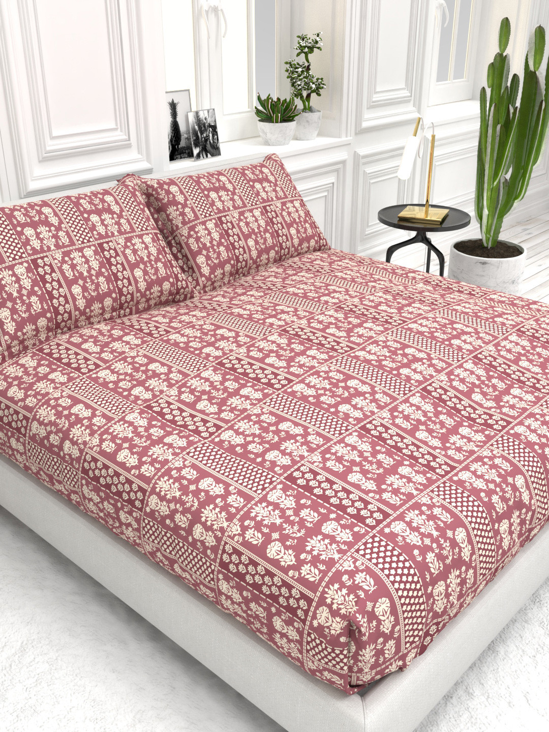 THE WHITE MOSS Cider Pink Floral Polyester 210 TC Queen Fine Bedsheet with 2 Pillow Covers-89 x 100 inches