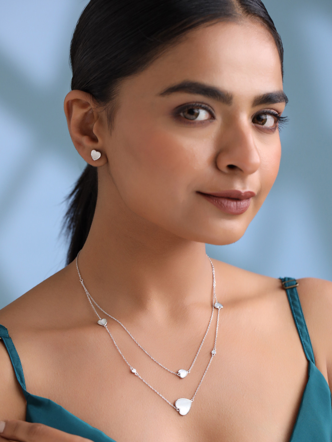 Kicky And Perky 925 Sterling Silver Layered Necklace & Earring Set with MOP Accents